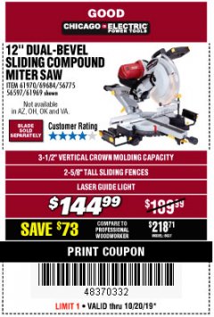 Harbor Freight Coupon CHICAGO ELECTRIC 12" DUAL-BEVEL SLIDING COMPOUND MITER SAW Lot No. 61970/56597/61969 Expired: 10/20/19 - $144.99