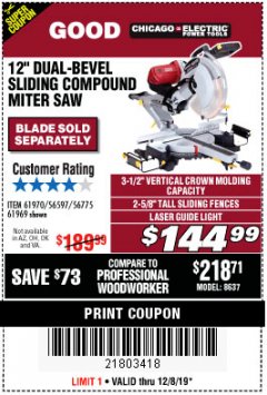 Harbor Freight Coupon CHICAGO ELECTRIC 12" DUAL-BEVEL SLIDING COMPOUND MITER SAW Lot No. 61970/56597/61969 Expired: 12/8/19 - $144.99