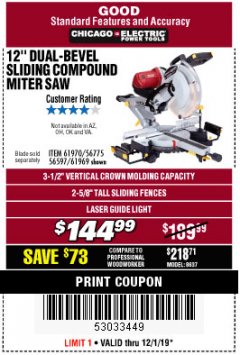 Harbor Freight Coupon CHICAGO ELECTRIC 12" DUAL-BEVEL SLIDING COMPOUND MITER SAW Lot No. 61970/56597/61969 Expired: 12/1/19 - $144.99