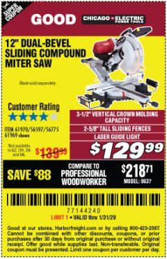 Harbor Freight Coupon CHICAGO ELECTRIC 12" DUAL-BEVEL SLIDING COMPOUND MITER SAW Lot No. 61970/56597/61969 Expired: 1/31/20 - $129.99