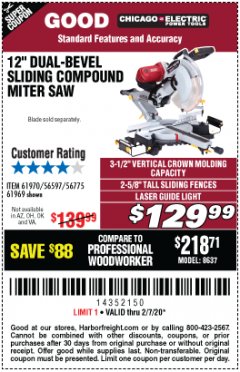 Harbor Freight Coupon CHICAGO ELECTRIC 12" DUAL-BEVEL SLIDING COMPOUND MITER SAW Lot No. 61970/56597/61969 Expired: 2/7/20 - $129.99
