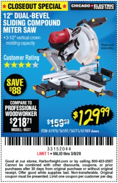 Harbor Freight Coupon CHICAGO ELECTRIC 12" DUAL-BEVEL SLIDING COMPOUND MITER SAW Lot No. 61970/56597/61969 Expired: 2/8/20 - $129.99
