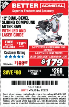 Harbor Freight Coupon CHICAGO ELECTRIC 12" DUAL-BEVEL SLIDING COMPOUND MITER SAW Lot No. 61970/56597/61969 Expired: 3/22/20 - $179