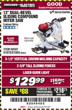 Harbor Freight Coupon CHICAGO ELECTRIC 12" DUAL-BEVEL SLIDING COMPOUND MITER SAW Lot No. 61970/56597/61969 Expired: 6/21/20 - $129.99