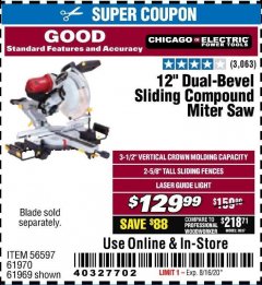 Harbor Freight Coupon CHICAGO ELECTRIC 12" DUAL-BEVEL SLIDING COMPOUND MITER SAW Lot No. 61970/56597/61969 Expired: 8/16/20 - $129.99