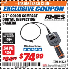 Harbor Freight ITC Coupon AMES 2.4" LCD DIGITAL INSPECTION CAMERA WITH RECORDER Lot No. 64623 Expired: 10/31/19 - $74.99