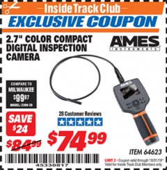 Harbor Freight ITC Coupon AMES INSTRUMENTS 2.7 IN. COLOR COMPACT DIGITAL INSPECTION CAMERA Lot No. 64623 Expired: 10/31/19 - $74.99