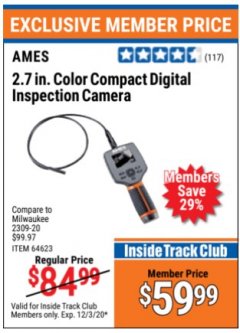 Harbor Freight ITC Coupon AMES INSTRUMENTS 2.7 IN. COLOR COMPACT DIGITAL INSPECTION CAMERA Lot No. 64623 Expired: 12/3/20 - $59.99
