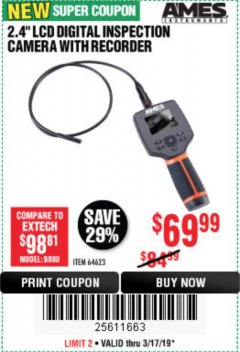 Harbor Freight Coupon AMES INSTRUMENTS 2.7 IN. COLOR COMPACT DIGITAL INSPECTION CAMERA Lot No. 64623 Expired: 3/17/19 - $69.99