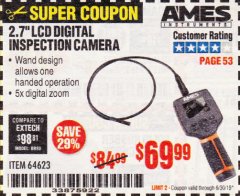 Harbor Freight Coupon AMES INSTRUMENTS 2.7 IN. COLOR COMPACT DIGITAL INSPECTION CAMERA Lot No. 64623 Expired: 6/30/19 - $69.99