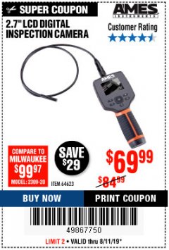 Harbor Freight Coupon AMES INSTRUMENTS 2.7 IN. COLOR COMPACT DIGITAL INSPECTION CAMERA Lot No. 64623 Expired: 8/11/19 - $69.99