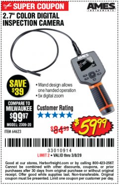 Harbor Freight Coupon AMES INSTRUMENTS 2.7 IN. COLOR COMPACT DIGITAL INSPECTION CAMERA Lot No. 64623 Expired: 3/8/20 - $59.99