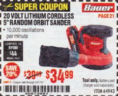 Harbor Freight Coupon BAUER 20 VOLT LITHIUM CORDLESS 5" RANDOM ORBIT SANDER Lot No. 64943 Expired: 5/31/19 - $34.99