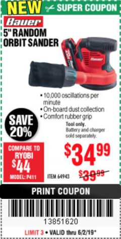 Harbor Freight Coupon BAUER 20 VOLT LITHIUM CORDLESS 5" RANDOM ORBIT SANDER Lot No. 64943 Expired: 6/2/19 - $34.99