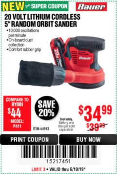 Harbor Freight Coupon BAUER 20 VOLT LITHIUM CORDLESS 5" RANDOM ORBIT SANDER Lot No. 64943 Expired: 6/10/19 - $34.99