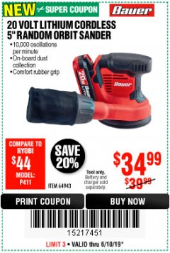 Harbor Freight Coupon BAUER 20 VOLT LITHIUM CORDLESS 5" RANDOM ORBIT SANDER Lot No. 64943 Expired: 6/10/19 - $34.99