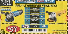 Harbor Freight Coupon HERCULES HE61P 11AMP, 4-1/2" GRINDER WITH PADDLE SWITCH Lot No. 62801 Expired: 4/30/19 - $59