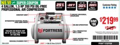 Harbor Freight Coupon FORTRESS 4 GALLON, 1.5 HP, 200 PSI OIL-FREE PROFESSIONAL AIR COMPRESSOR Lot No. 56339 Expired: 3/24/19 - $219.99