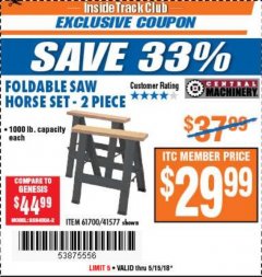 Harbor Freight ITC Coupon TWO PIECE FOLDABLE SAW HORSE SET Lot No. 61700/41577 Expired: 5/15/18 - $29.99