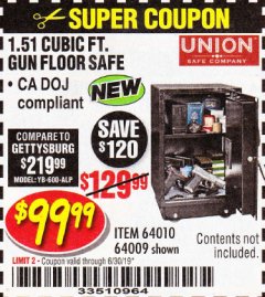 Harbor Freight Coupon 1.51 CUBIC FT. LOCK GUN FLOOR SAFE Lot No. 64010 Expired: 6/30/19 - $99.99