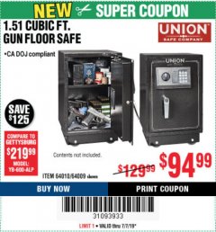 Harbor Freight Coupon 1.51 CUBIC FT. LOCK GUN FLOOR SAFE Lot No. 64010 Expired: 7/7/19 - $94.99