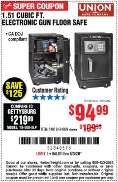 Harbor Freight Coupon 1.51 CUBIC FT. LOCK GUN FLOOR SAFE Lot No. 64010 Expired: 6/30/20 - $94.99