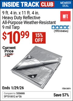 Harbor Freight ITC Coupon HFT 9 FT. 4 IN. X 11 FT. 4 IN. HEAVY DUTY REFLECTIVE ALL-PURPOSE WEATHER-RESISTANT 9 MIL TARP Lot No. 30874 Valid Thru: 1/29/26 - $10.99