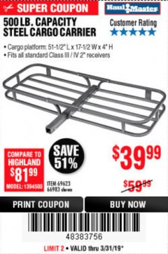 Harbor Freight Coupon 500 LB. CAPACITY DELUXE STEEL CARGO CARRIER Lot No. 69623/66983 Expired: 3/31/19 - $39.99