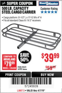 Harbor Freight Coupon 500 LB. CAPACITY DELUXE STEEL CARGO CARRIER Lot No. 69623/66983 Expired: 4/7/19 - $39.99