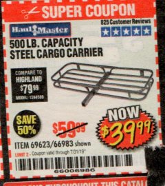 Harbor Freight Coupon 500 LB. CAPACITY DELUXE STEEL CARGO CARRIER Lot No. 69623/66983 Expired: 7/31/19 - $39.99