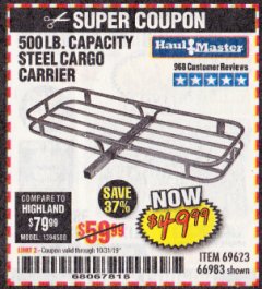 Harbor Freight Coupon 500 LB. CAPACITY DELUXE STEEL CARGO CARRIER Lot No. 69623/66983 Expired: 10/31/19 - $49.99