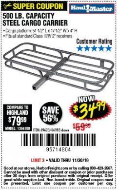 Harbor Freight Coupon 500 LB. CAPACITY DELUXE STEEL CARGO CARRIER Lot No. 69623/66983 Expired: 11/30/19 - $34.99