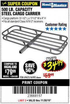 Harbor Freight Coupon 500 LB. CAPACITY DELUXE STEEL CARGO CARRIER Lot No. 69623/66983 Expired: 11/30/19 - $34.99
