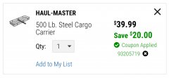 Harbor Freight Coupon 500 LB. CAPACITY DELUXE STEEL CARGO CARRIER Lot No. 69623/66983 Expired: 9/30/20 - $39.99