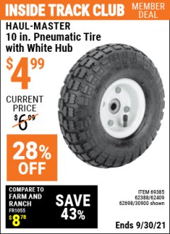 Harbor Freight ITC Coupon 10" PNEUMATIC TIRE WITH WHITE HUB Lot No. 62698 69385 62388 62409 30900 Expired: 9/30/21 - $4.99
