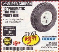 Harbor Freight Coupon 10" PNEUMATIC TIRE WITH WHITE HUB Lot No. 62698 69385 62388 62409 30900 Expired: 10/31/19 - $3.99