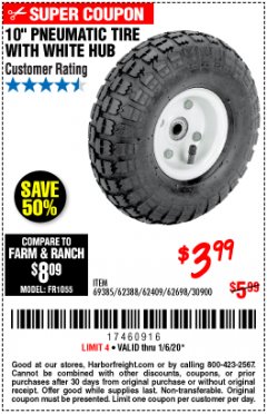Harbor Freight Coupon 10" PNEUMATIC TIRE WITH WHITE HUB Lot No. 62698 69385 62388 62409 30900 Expired: 1/6/20 - $3.99