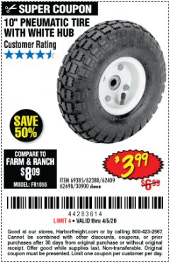 Harbor Freight Coupon 10" PNEUMATIC TIRE WITH WHITE HUB Lot No. 62698/69385/62388/62409/30900 Expired: 6/30/20 - $3.99
