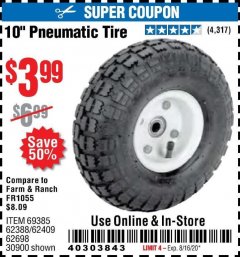 Harbor Freight Coupon 10" PNEUMATIC TIRE WITH WHITE HUB Lot No. 62698 69385 62388 62409 30900 Expired: 8/16/20 - $9.99