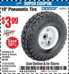 Harbor Freight Coupon 10" PNEUMATIC TIRE WITH WHITE HUB Lot No. 62698/69385/62388/62409/30900 Expired: 8/16/20 - $9.99