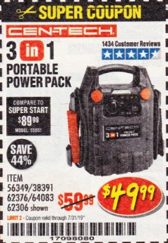 Harbor Freight Coupon 3 IN 1 PORTABLE POWER PACK  Lot No. 56349/38391/62376/64083/62306 Expired: 7/31/19 - $49.99