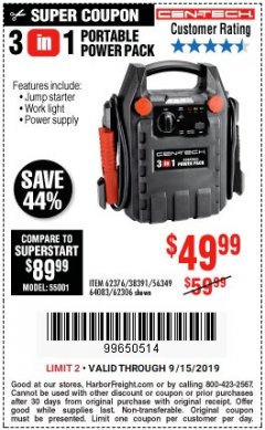 Harbor Freight Coupon 3 IN 1 PORTABLE POWER PACK  Lot No. 56349/38391/62376/64083/62306 Expired: 9/15/19 - $49.99
