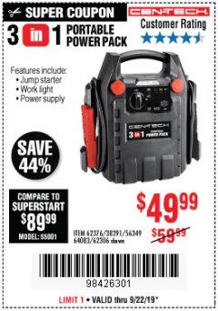 Harbor Freight Coupon 3 IN 1 PORTABLE POWER PACK  Lot No. 56349/38391/62376/64083/62306 Expired: 9/22/19 - $49.99