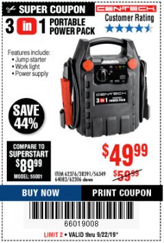 Harbor Freight Coupon 3 IN 1 PORTABLE POWER PACK  Lot No. 56349/38391/62376/64083/62306 Expired: 9/22/19 - $49.99