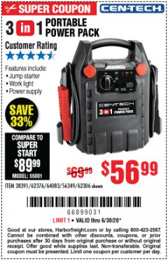 Harbor Freight Coupon 3 IN 1 PORTABLE POWER PACK  Lot No. 56349/38391/62376/64083/62306 Expired: 6/30/20 - $56.99