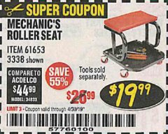 Harbor Freight Coupon MECHANIC'S ROLLER SEAT Lot No. 3338/61653 Expired: 4/30/19 - $19.99