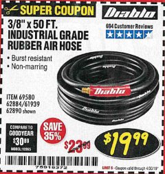 Harbor Freight Coupon DIABLO 3/8" X 50 FT. HEAVY DUTY PREMIUM RUBBER AIR HOSE Lot No. 62884/69580/61939/62890 Expired: 4/30/19 - $19.99