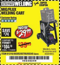 Harbor Freight Coupon CHICAGO ELECTRIC WELDING CART Lot No. 61316/69340/60790 Expired: 7/1/19 - $29.99