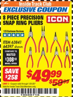 Harbor Freight ITC Coupon 8 PIECE PRECISION SNAP RING PLIERS ICON Lot No. 64597/ 63841 Expired: 1/31/20 - $49.99