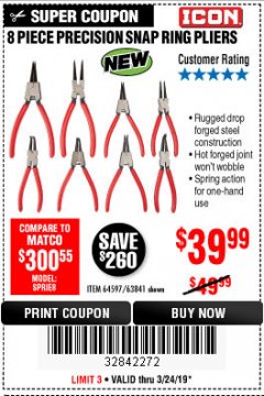 Harbor Freight Coupon 8 PIECE PRECISION SNAP RING PLIERS ICON Lot No. 64597/ 63841 Expired: 3/24/19 - $39.99